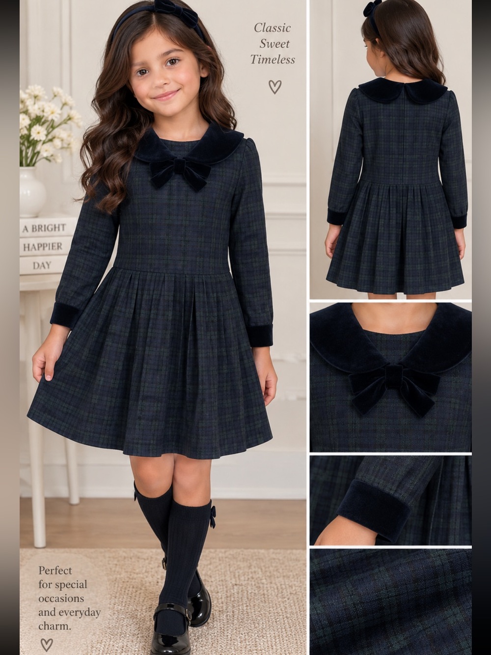 Bonnie Jean Girls Dress Size 10 Navy Green Plaid Velvet Collar Bow Long Sleeve